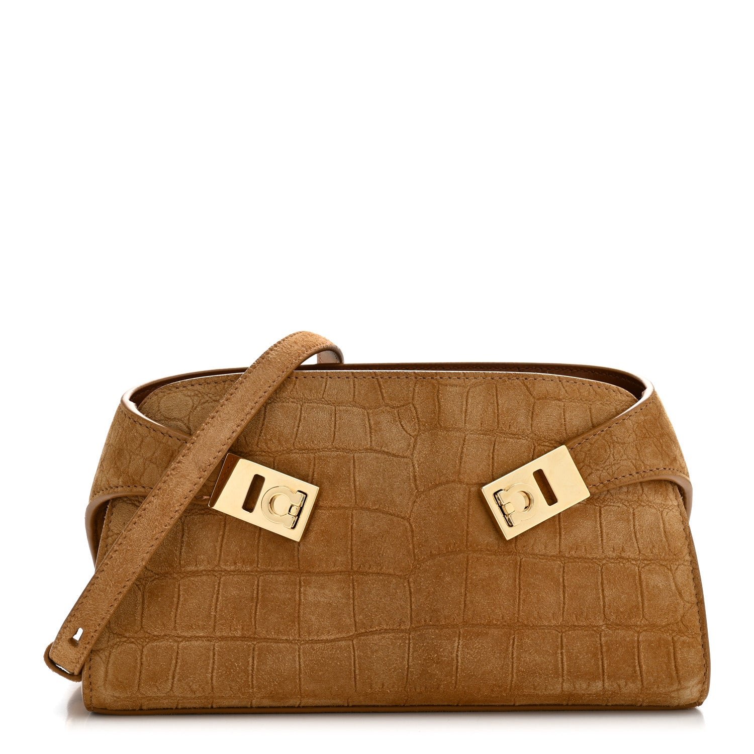 Salvatore Ferragamo Suede Alligator Embossed Mini Hug Crossbody Bag Natural Brown