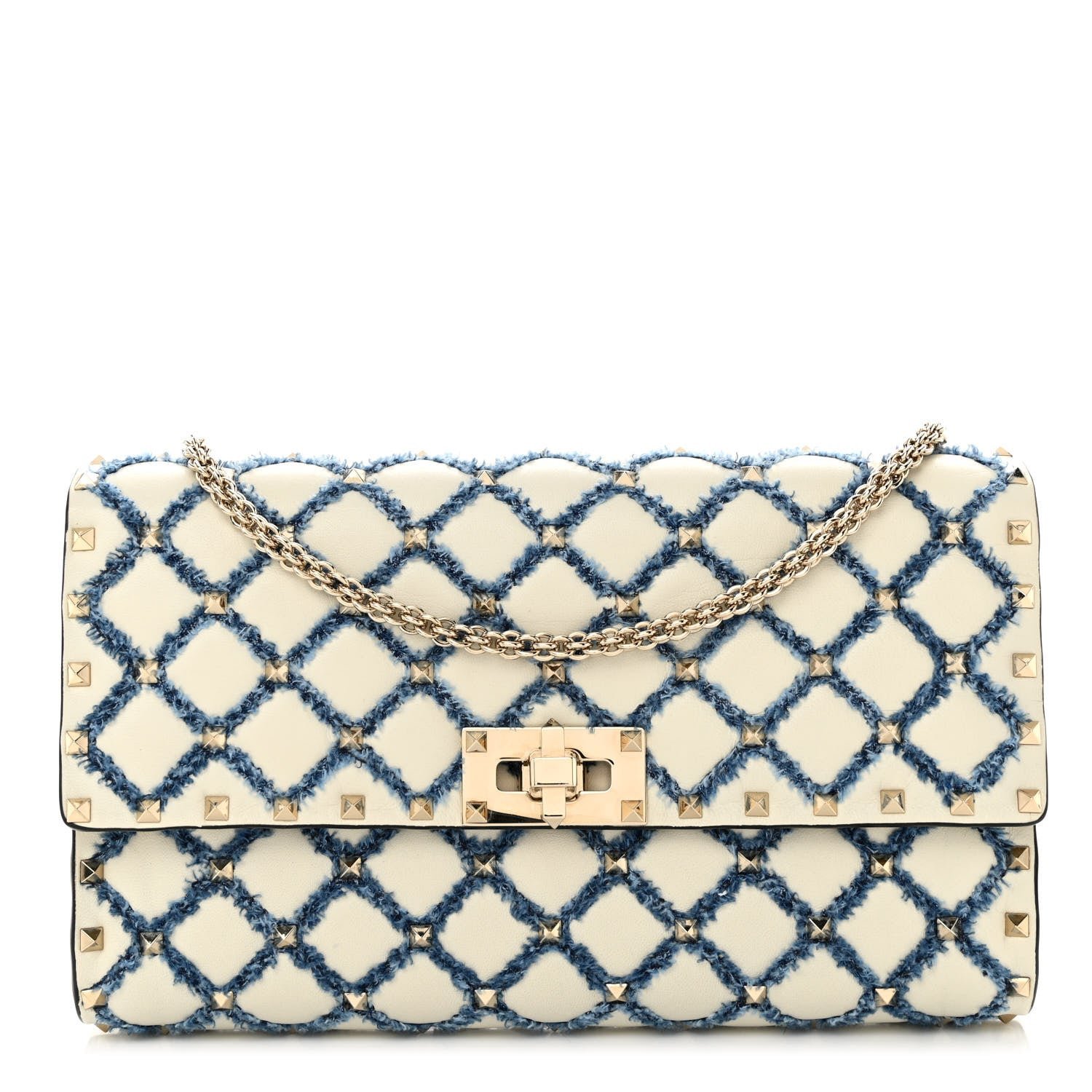 Valentino Garavani Nappa Denim Quilted Rockstud Spike Wallet on Chain Ivory Blue
