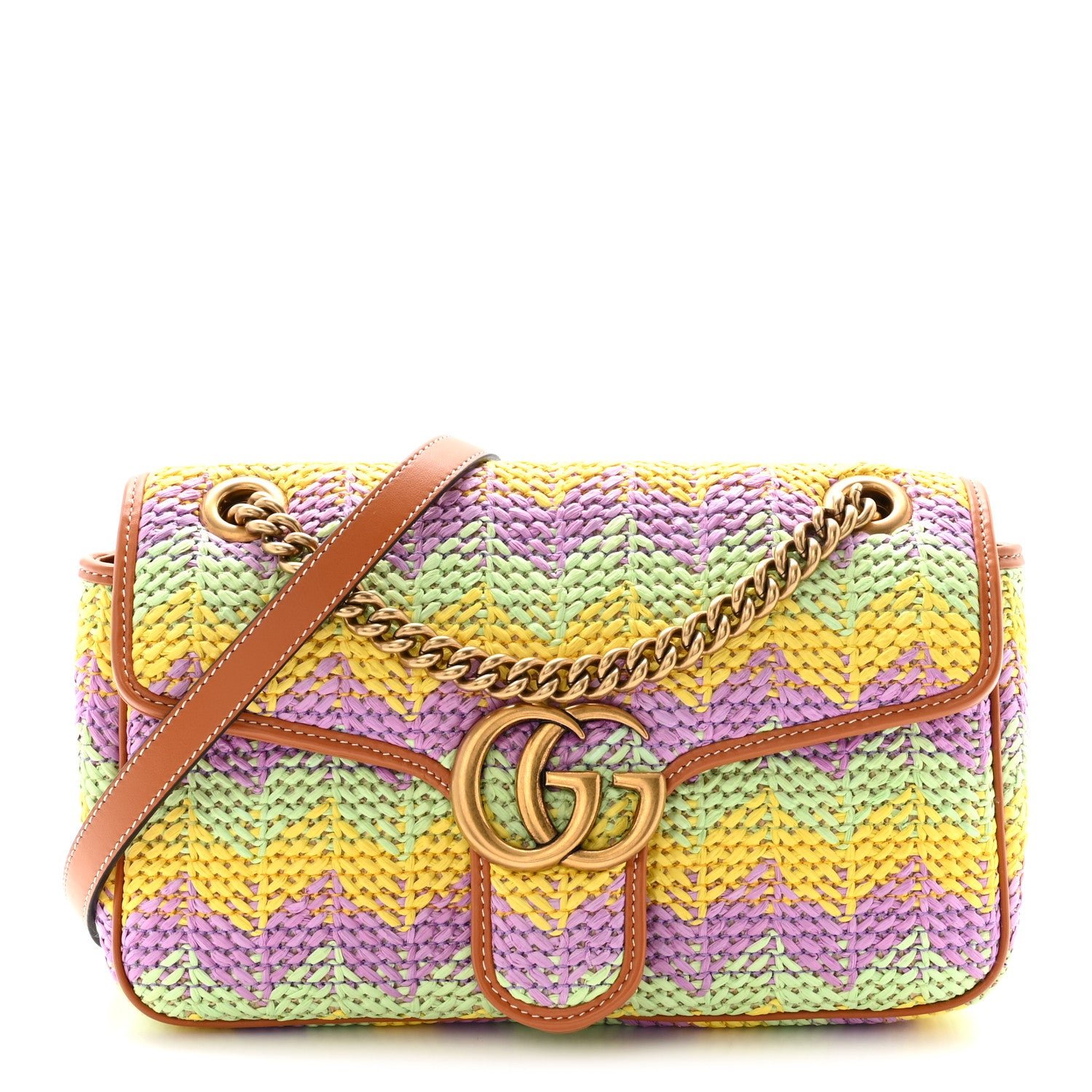 Gucci Calfskin Raffia Woven Small GG Marmont Shoulder Bag Multicolor