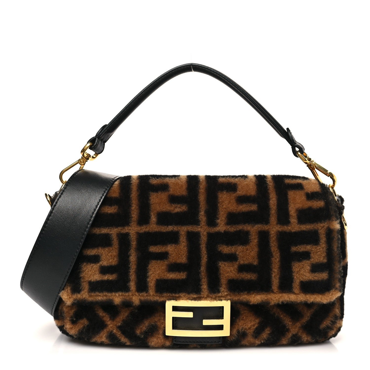 Fendi Shearling Vitello Dolce Macro FF 1974 Baguette Tobacco Black