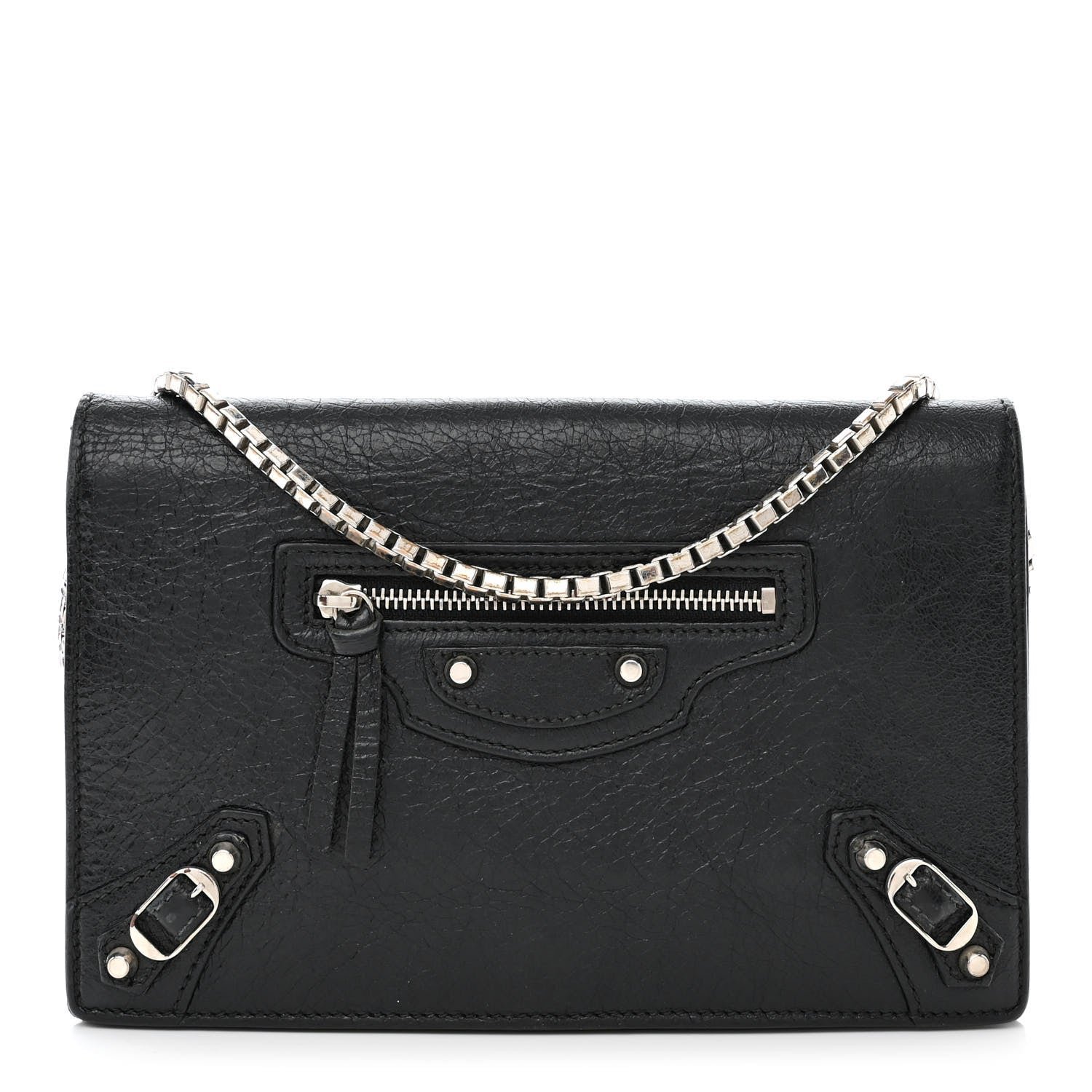 Balenciaga Grained Calfskin Classic Silver Hardware Wallet on Chain Black