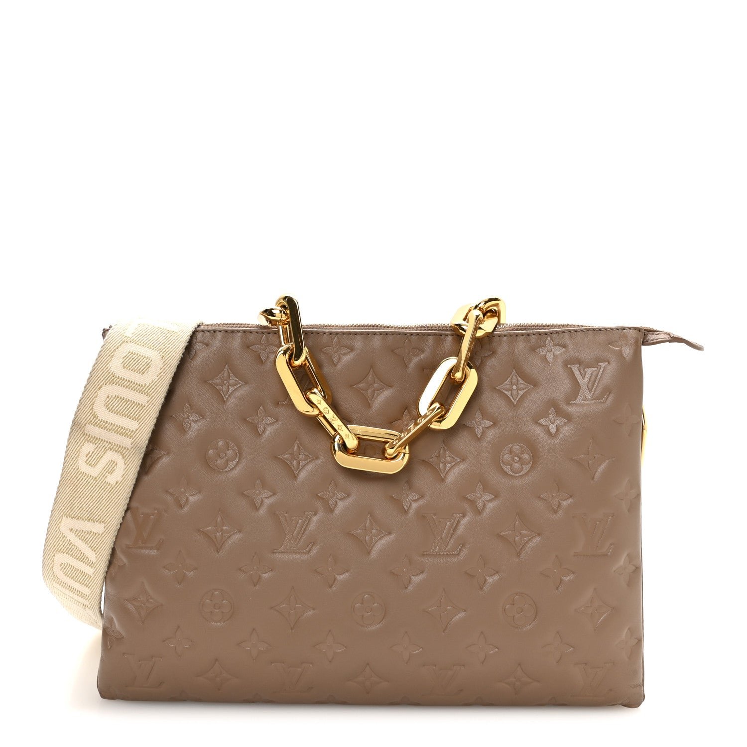 Louis Vuitton Lambskin Embossed Monogram Coussin MM Taupe