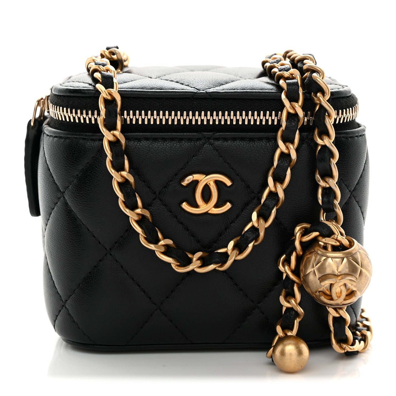 Chanel Lambskin Quilted Mini Pearl Crush Vanity Case With Chain Black