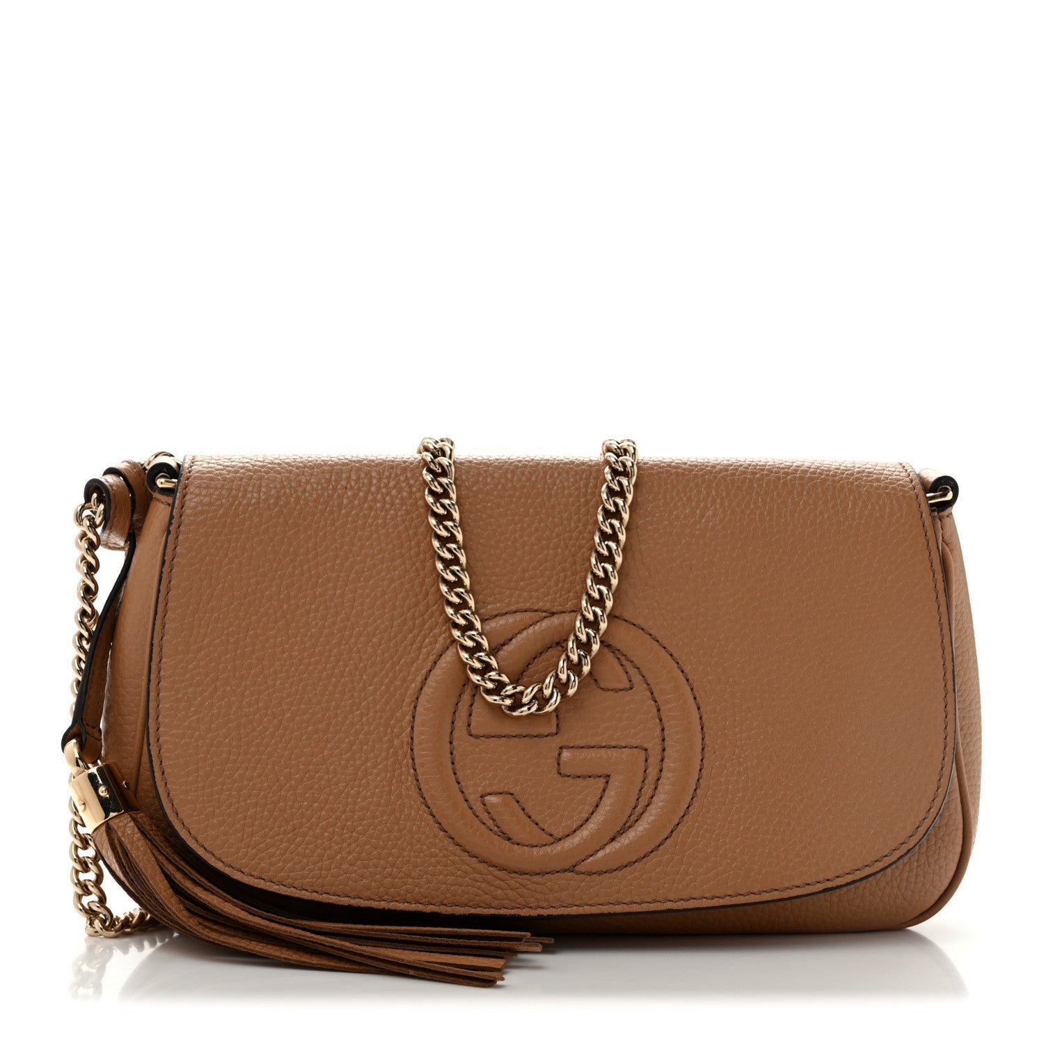 Gucci Pebbled Calfskin Medium Soho Flap Crossbody Camelia