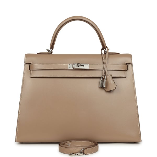 Hermes Pre-owned Hermes Kelly Sellier 35 Argile Tadelakt Guilloche Palladium Hardware