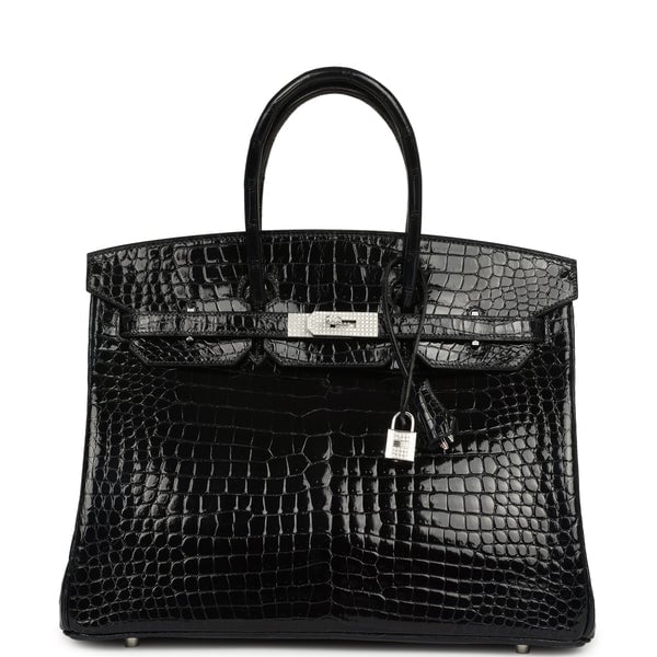 Hermes Pre-owned Hermes Birkin 35 Bleu Marine Shiny Porosus Crocodile 18K White Gold Diamond Hardware