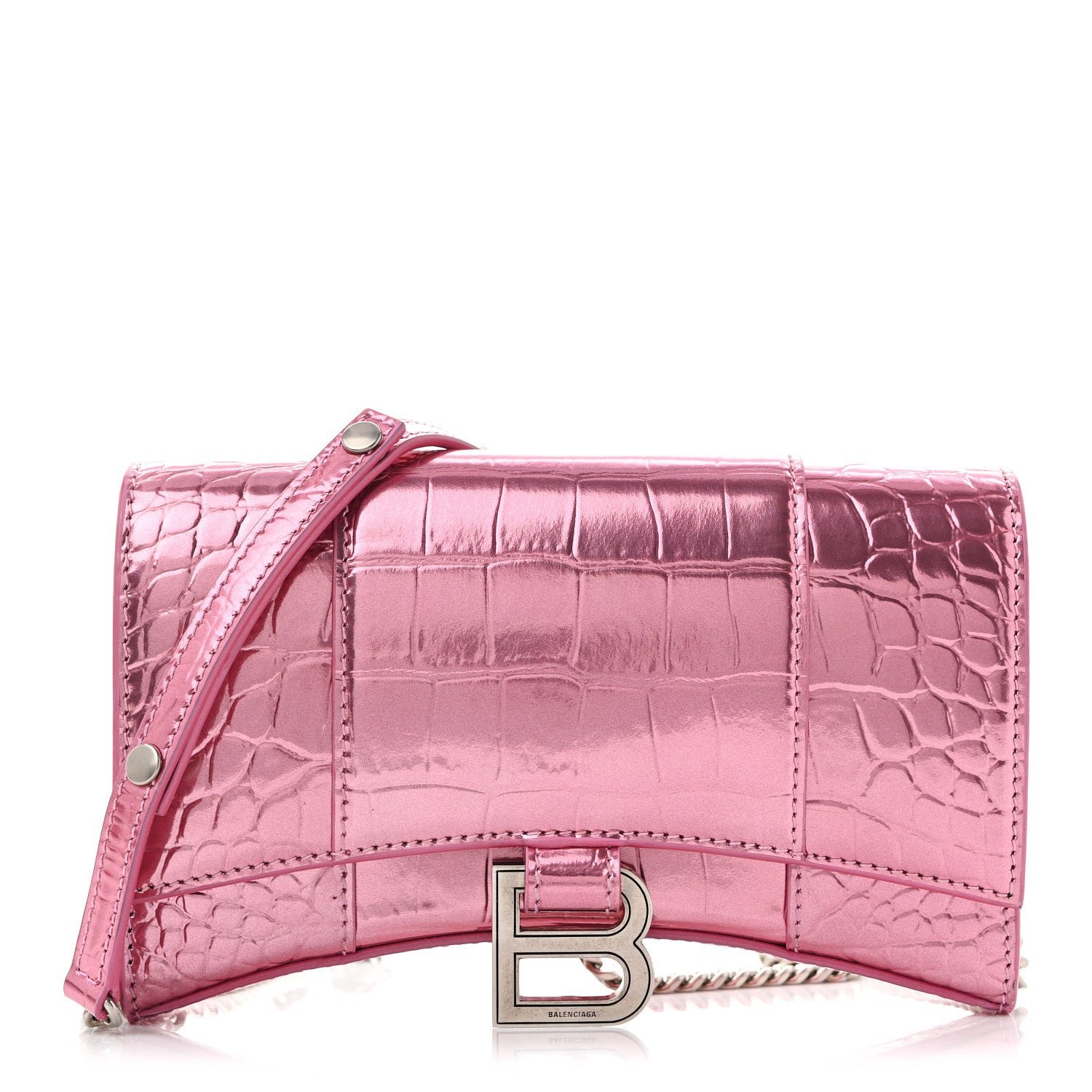 Balenciaga Metallic Shiny Calfskin Crocodile Embossed Hourglass Chain Bag Pink