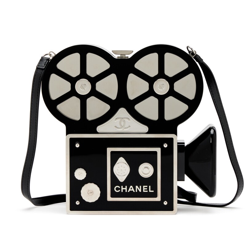 Black and Silver Lucite, Crystal and Metal Buonasera Movie Camera Paris-Rome Metiers D'Art Minaudière Silver Hardware, 2016