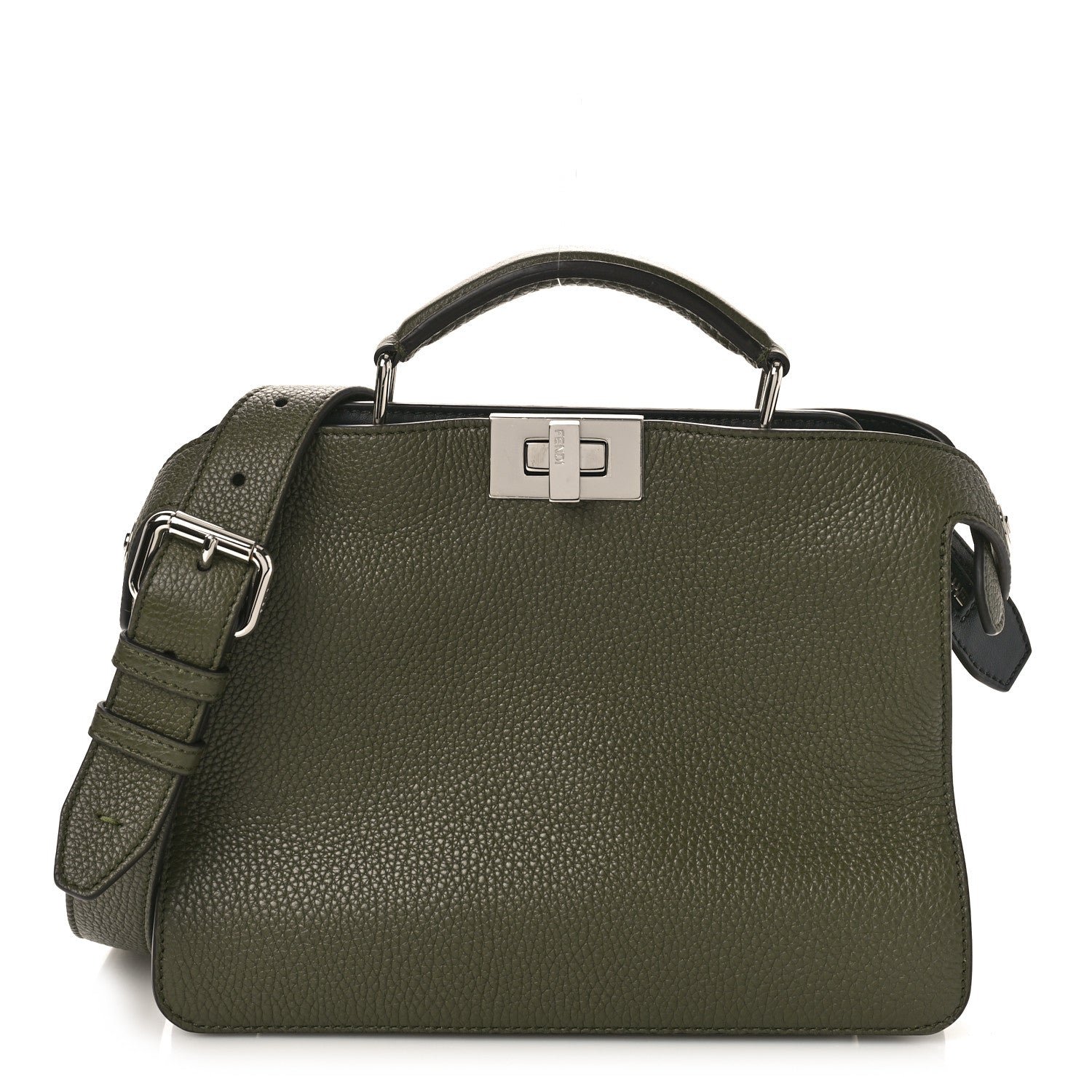 Fendi Cuoio Romano Vitello Cover Glazed Fabric Bi-Color FF 1974 Mini Peekaboo I SEE U Satchel Oliva