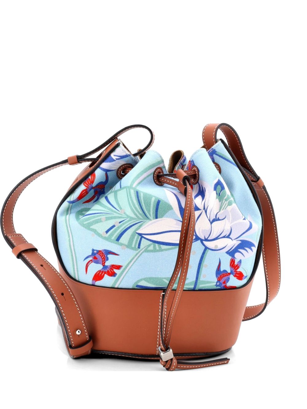 Paula's Ibiza Balloon Printed Canvas and Leather Small bucket bag