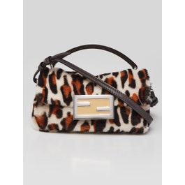 Fendi Fendi White/Brown/Black Leopard Print Calf Hair Baguette Crossbody Phone Bag 7AS142