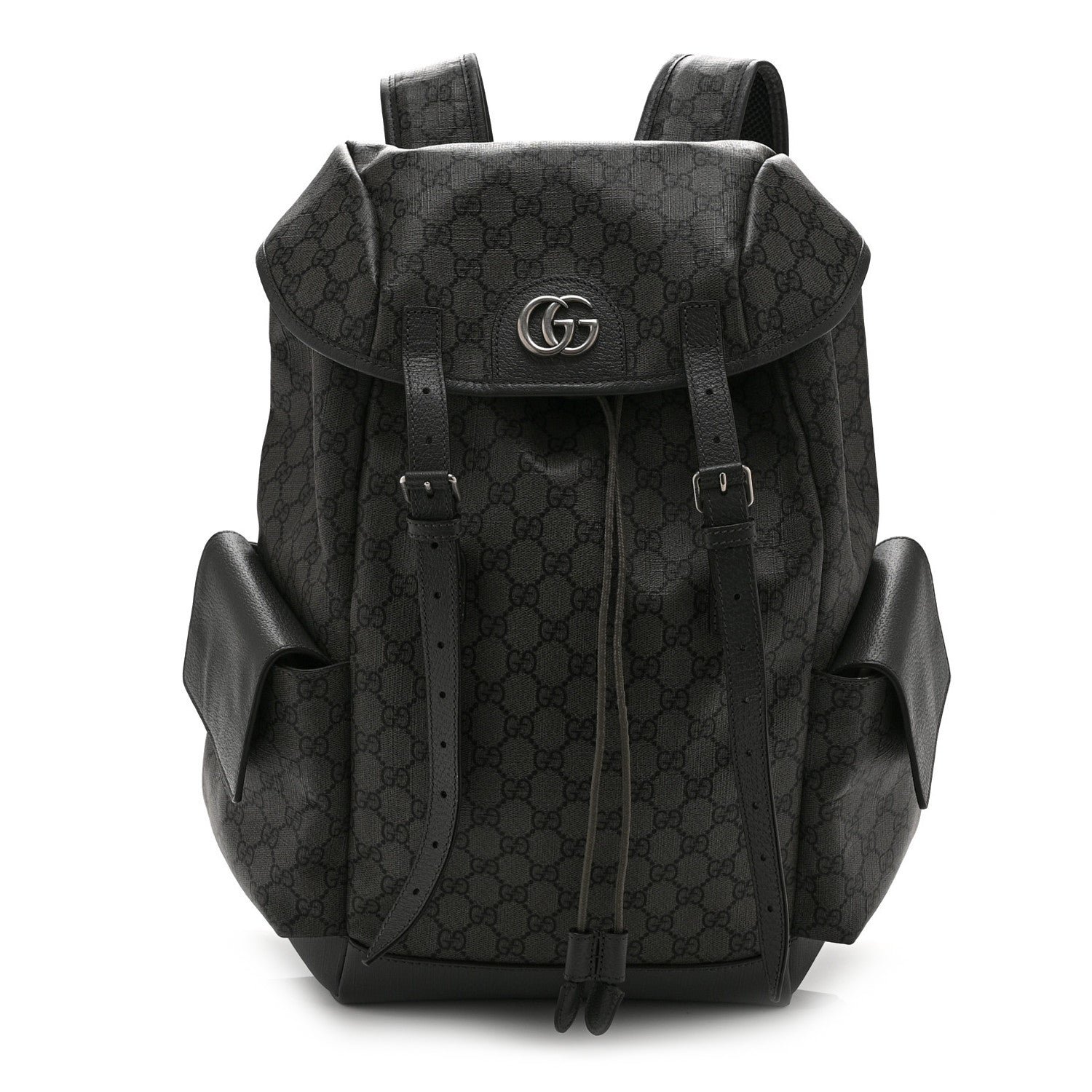 Gucci GG Supreme Monogram Textured Dollar Calfskin Medium Ophidia Double Buckle Backpack Grey Black Graphite Grey