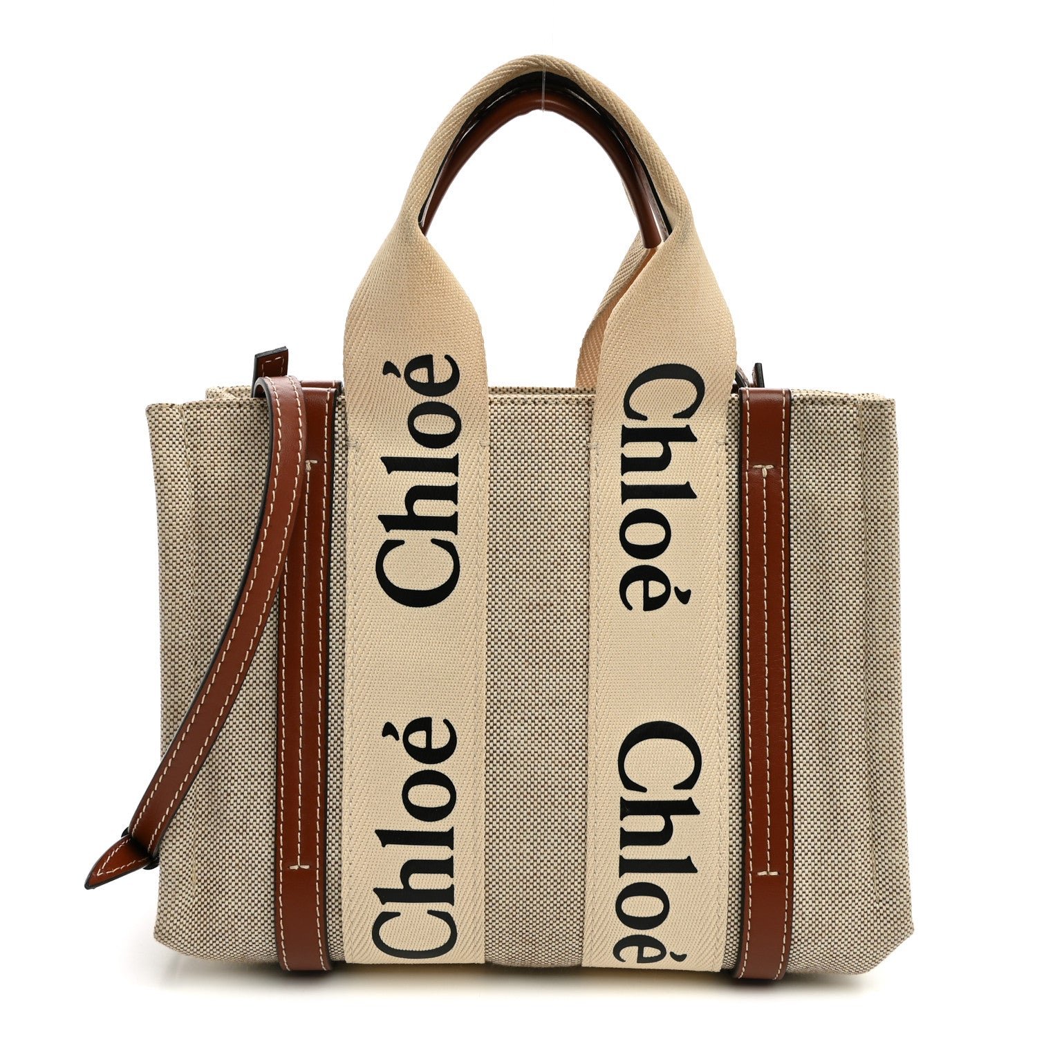 Chloe Cotton Calfskin Small Woody Ribbon Tote With Strap White Brown
