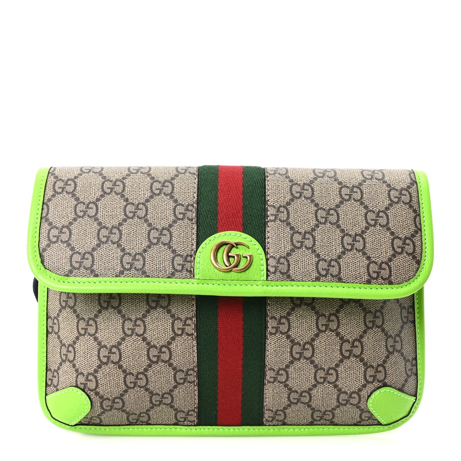 Gucci GG Supreme Monogram Web Small Ophidia Belt Bag Beige Ebony Electric Green