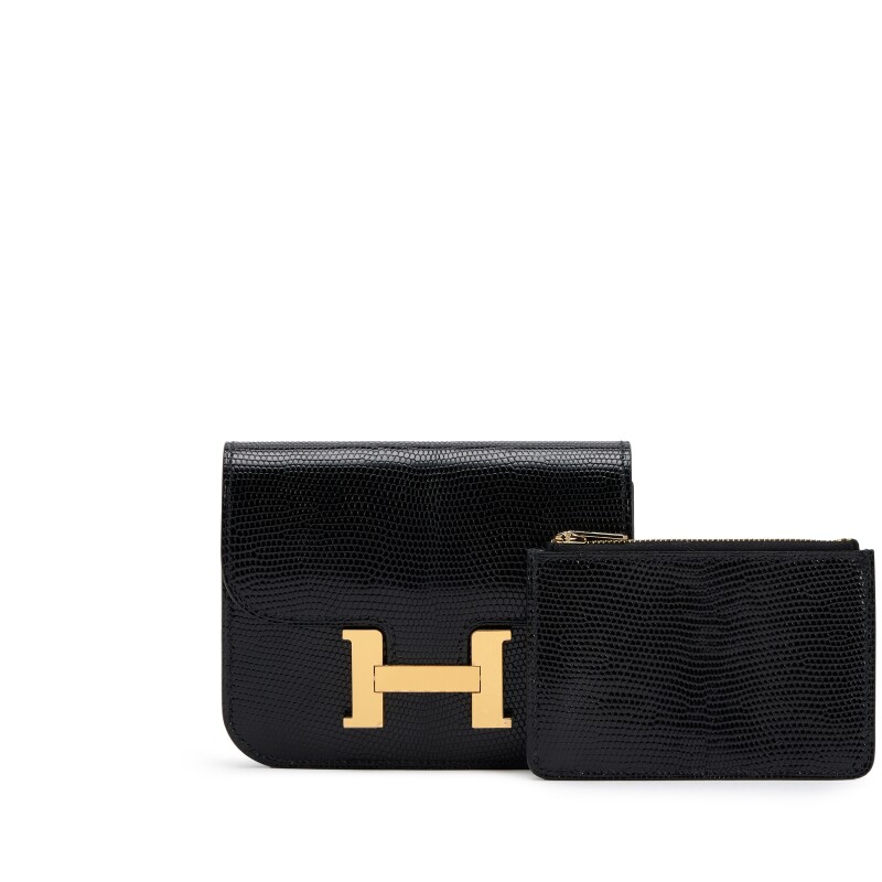 Hermes Black Varanus Niloticus Lizard Constance Slim Wallet Gold Hardware, 2025