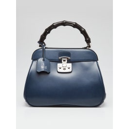 Gucci Blue Smooth Leather Lady Lock Bamboo Top Handle Bag