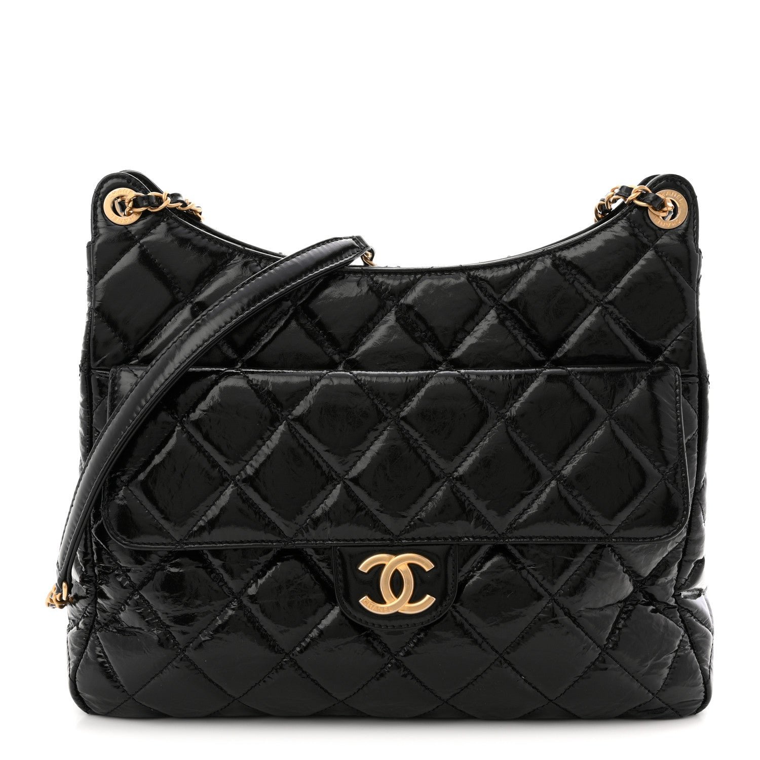 Chanel Chanel Shiny Crumpled Calfskin Quilted Large Wavy CC Hobo Black