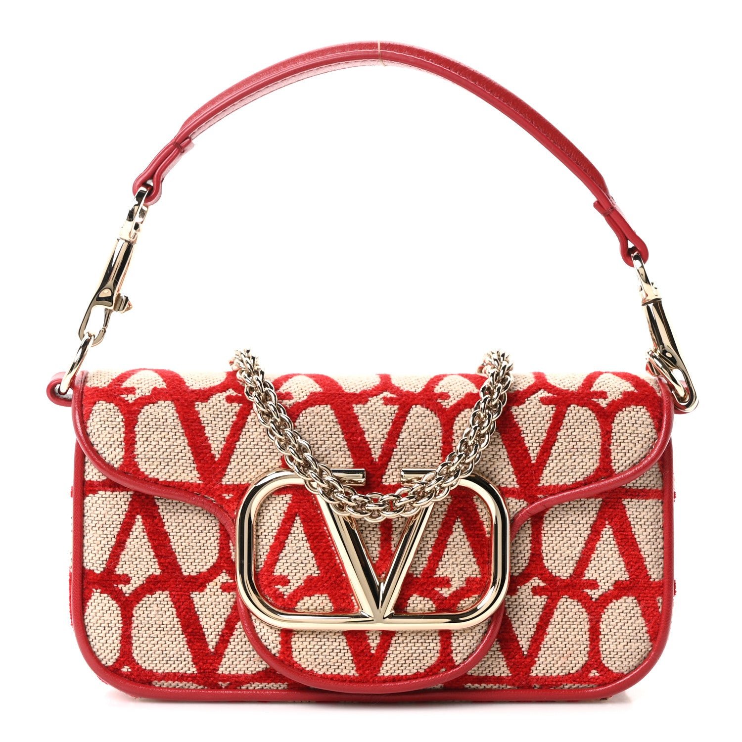 Valentino Garavani Toile Iconographe Goatskin Vlogo Small Loco Shoulder Bag Natural Rosso Valentino