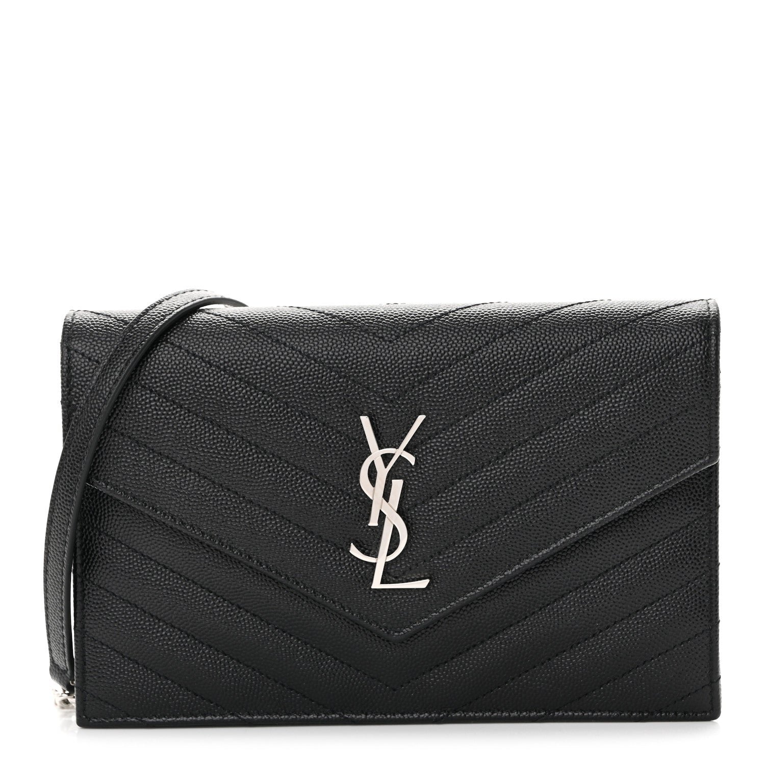 Saint Laurent Grain De Poudre Matelasse Chevron Monogram Envelope Chain Wallet Black
