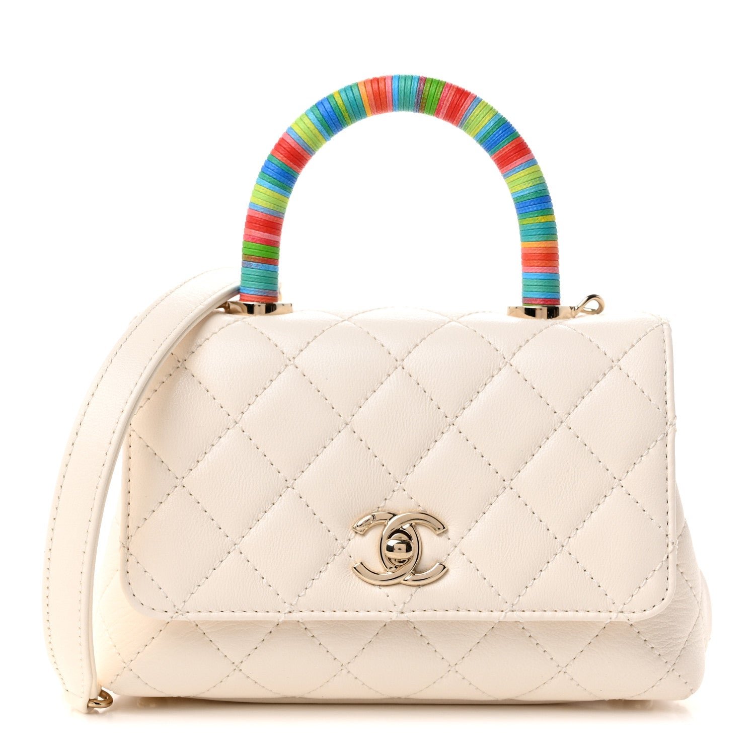 Chanel Goatskin Quilted Extra Mini Rainbow Coco Handle Flap White