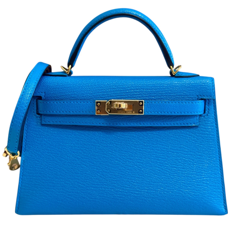 Hermes Bleu Frida Chèvre Mysore Mini Kelly 20 II Palladium Hardware, 2020