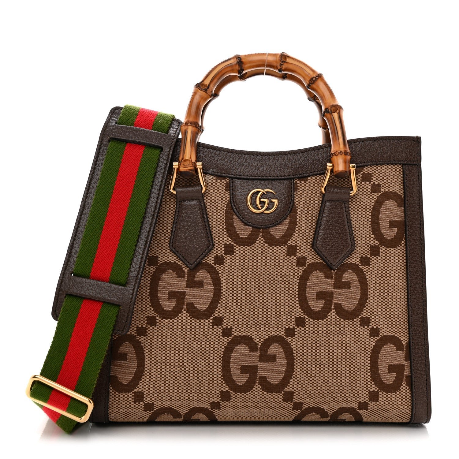 Gucci Monogram Jumbo GG Textured Dollar Calfskin Small Diana Tote Bag Camel Ebony New Acero