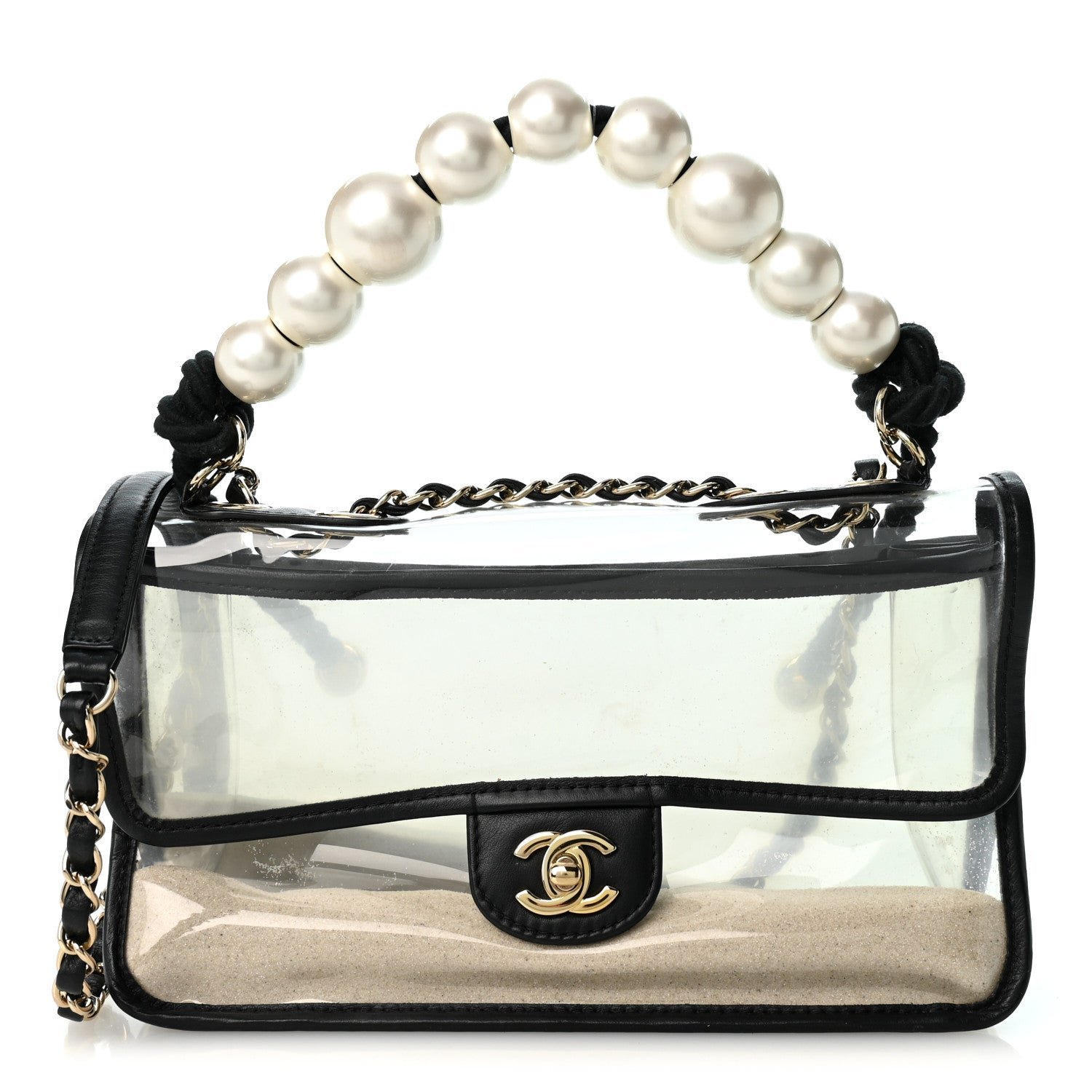 Chanel Lambskin PVC Sand By The Sea Flap With Pearl Strap Black
