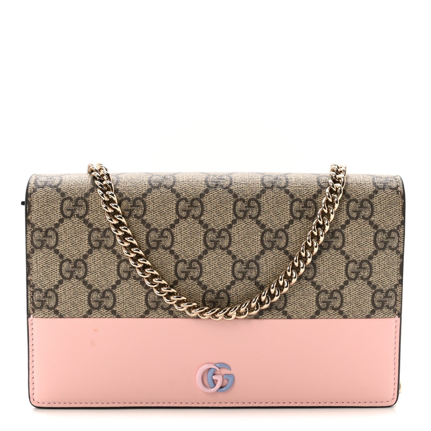 Gucci GG Supreme Monogram Textured Dollar Calfskin Mini GG Marmont Chain Wallet Light Pink Blue Beige