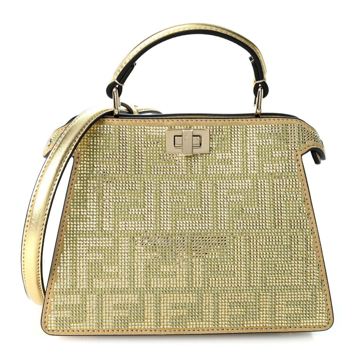 Fendi Iridescent Crystal Vitello Laminato Suede FF Petite Peekaboo I SEE U Satchel Platino