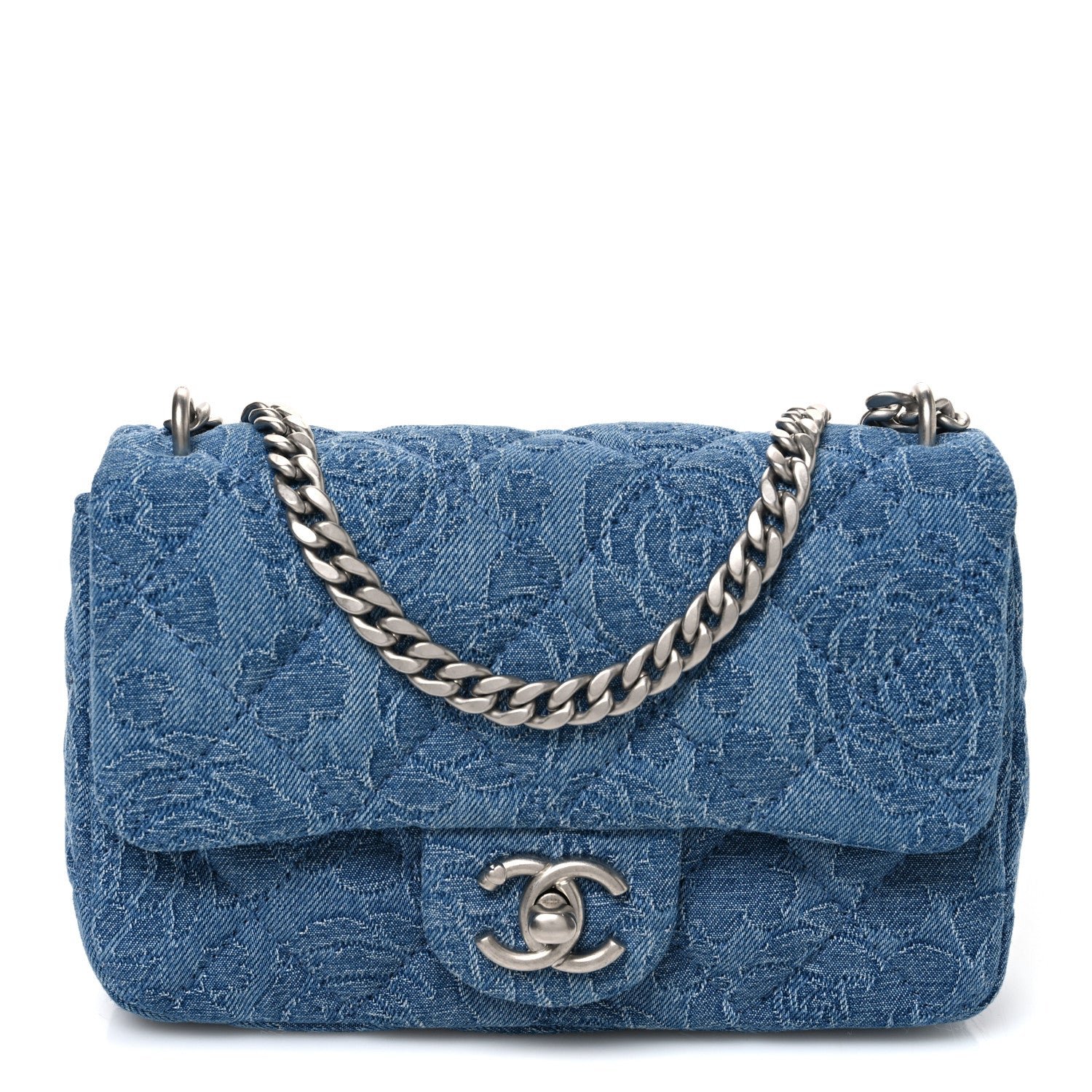 Chanel Denim Quilted Camellia Sweetheart Mini Flap Blue