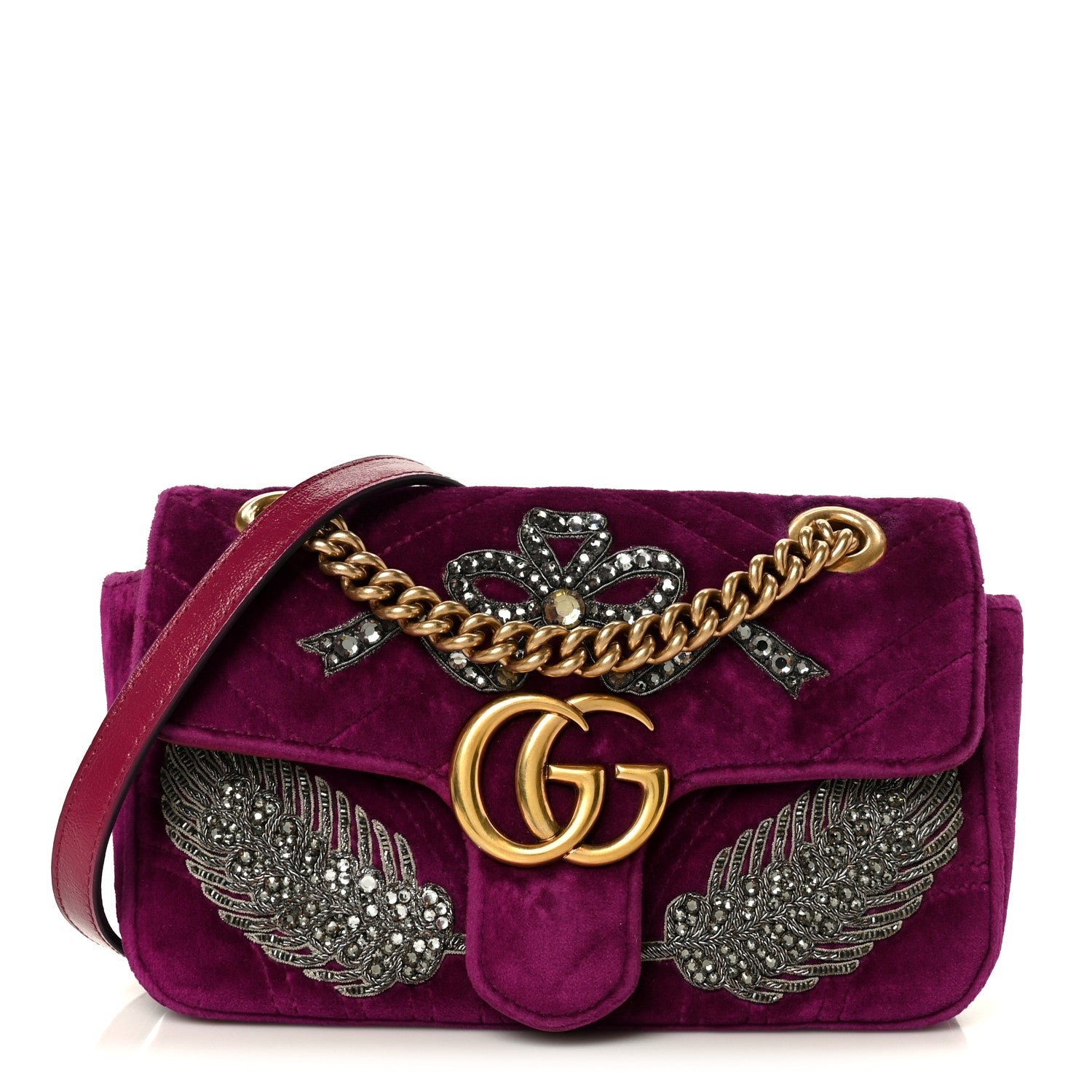 Gucci Velvet Matelasse Embroidered Mini GG Marmont Shoulder Bag Bordeaux