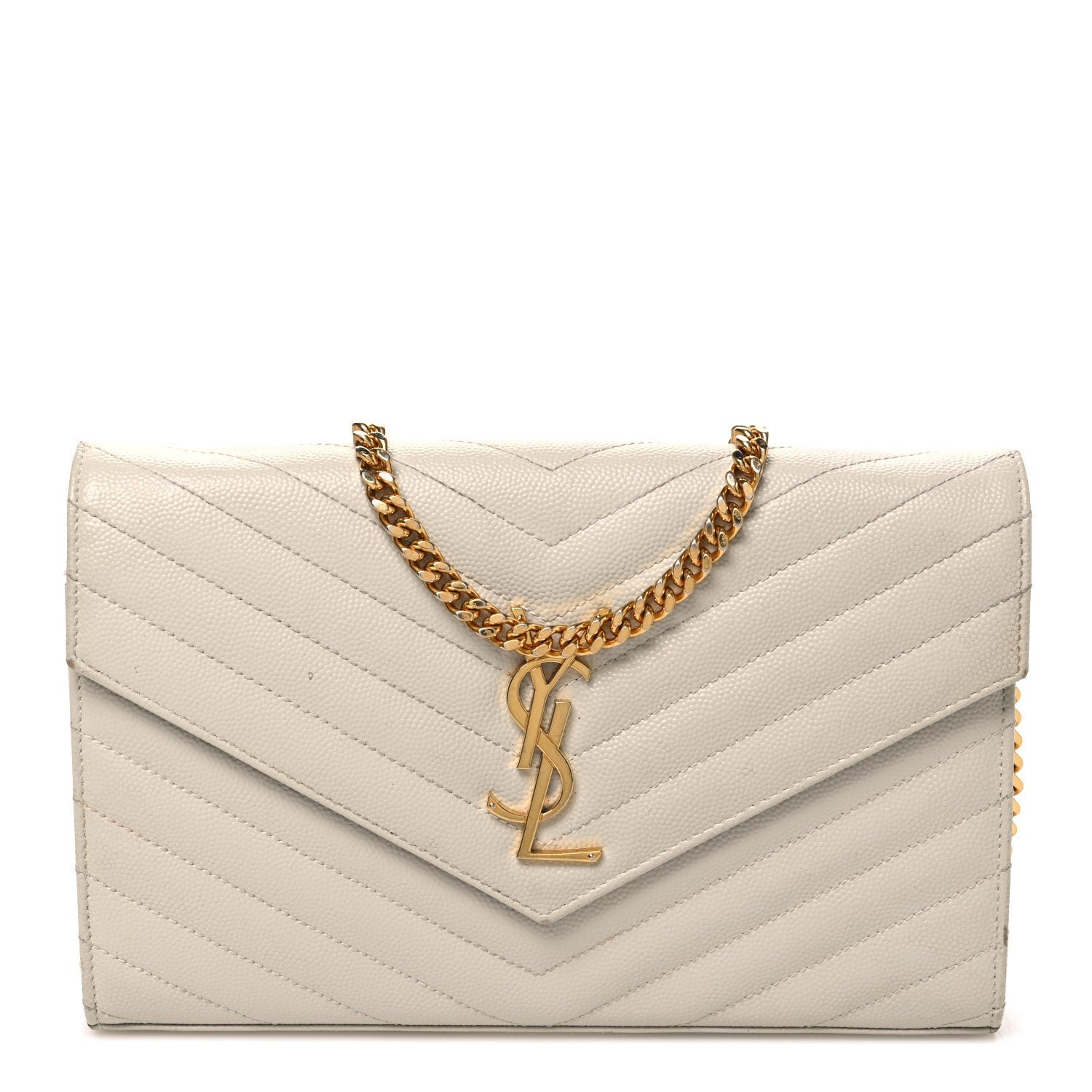 Saint Laurent Grain De Poudre Matelasse Chevron Monogram Chain Wallet Blanc Vintage