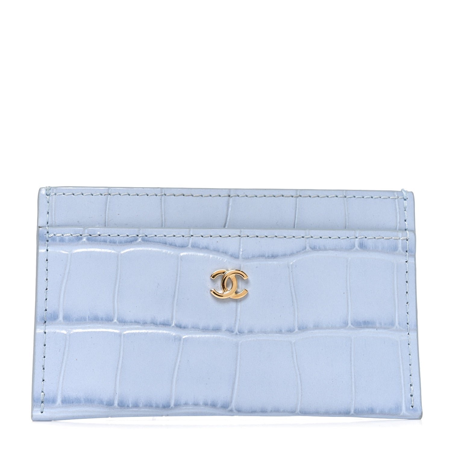 Chanel Calfskin Crocodile Embossed Crococo Card Holder Light Blue