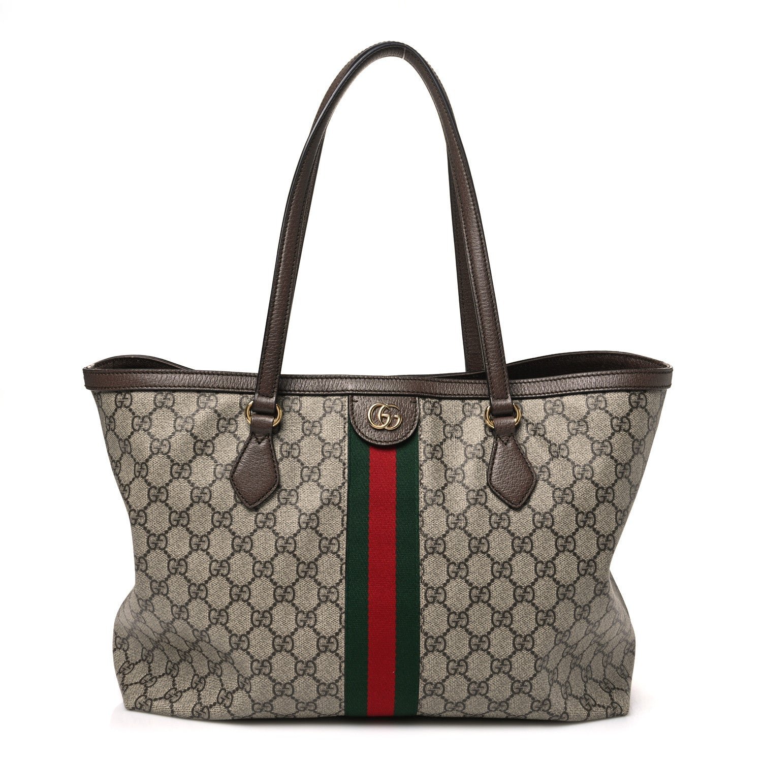 Gucci GG Supreme Monogram Textured Calfskin Web Medium Ophidia Shopping Tote Beige Ebony New Acero