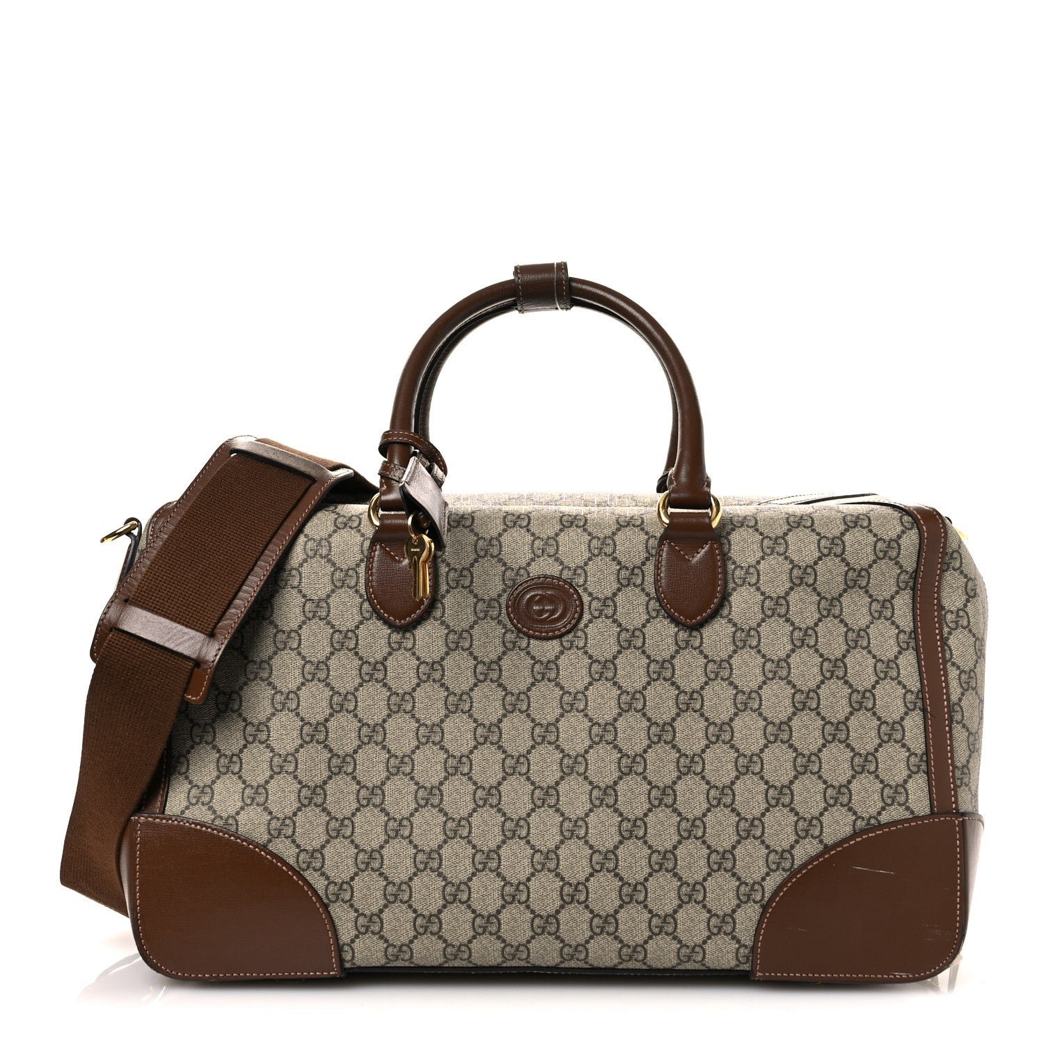 Gucci GG Supreme Monogram Azalea Calfskin Retro Interlocking G Duffle Bag Beige Ebony Brown Sugar