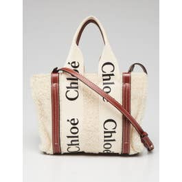 Chloe Chloe Beige/Brown Canvas/Leather/Shearling Small Woody Tote Bag