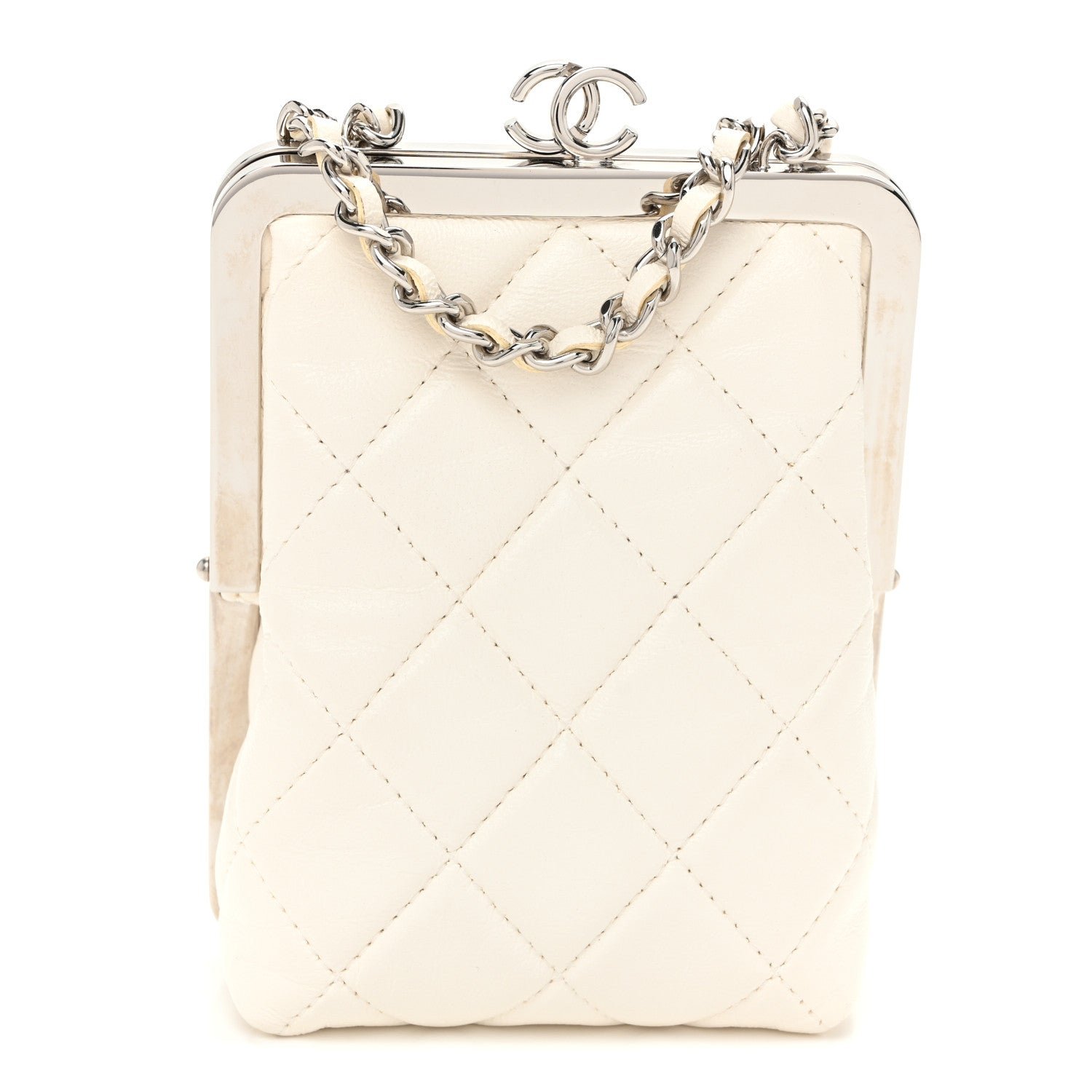 Chanel Lambskin Plexi Quilted CC Evening Clutch With Chain White