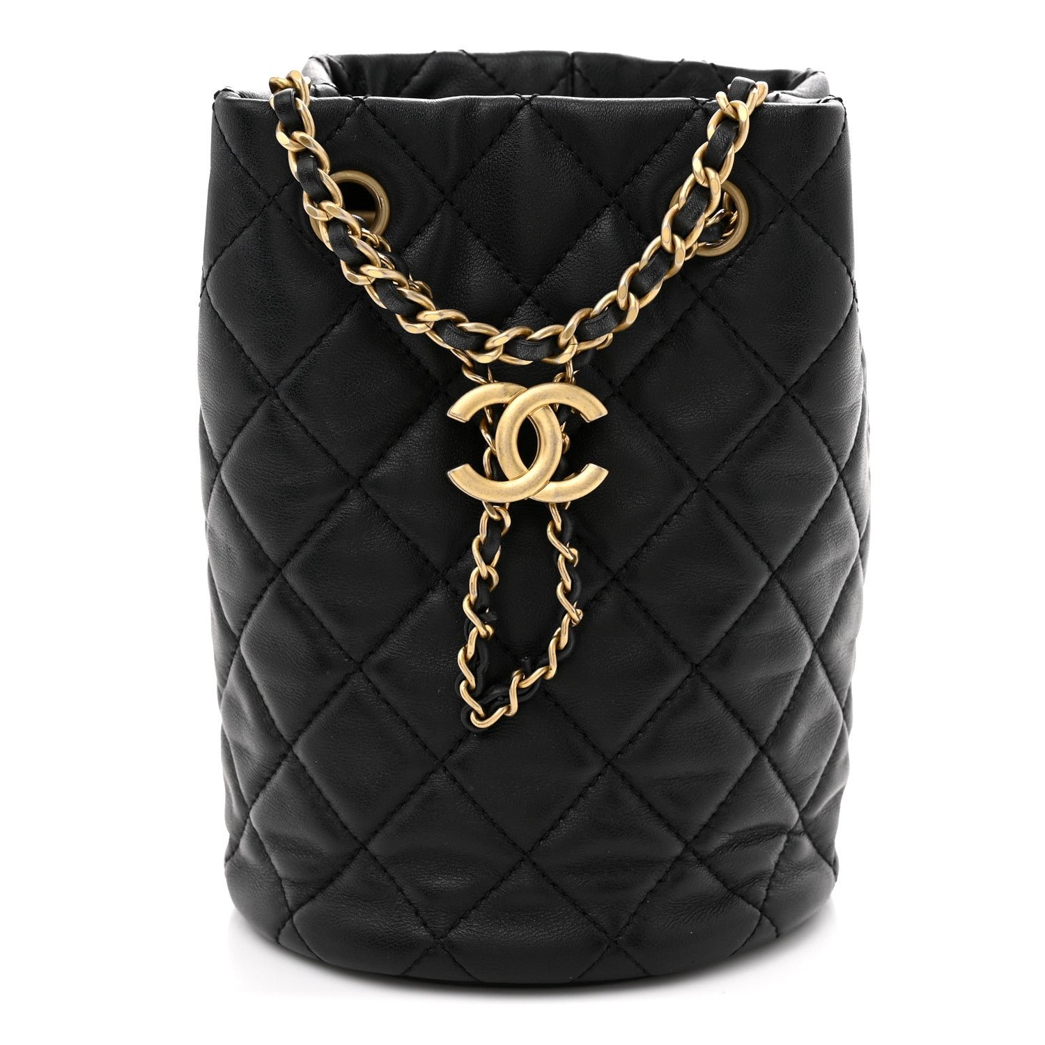 Chanel Lambskin Quilted Small Pearl Crush Bucket Bag Black