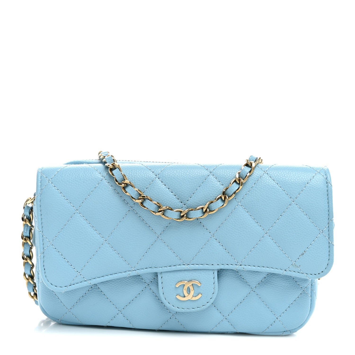 Chanel Caviar Quilted Flap Phone Holder With Chain Light Blue