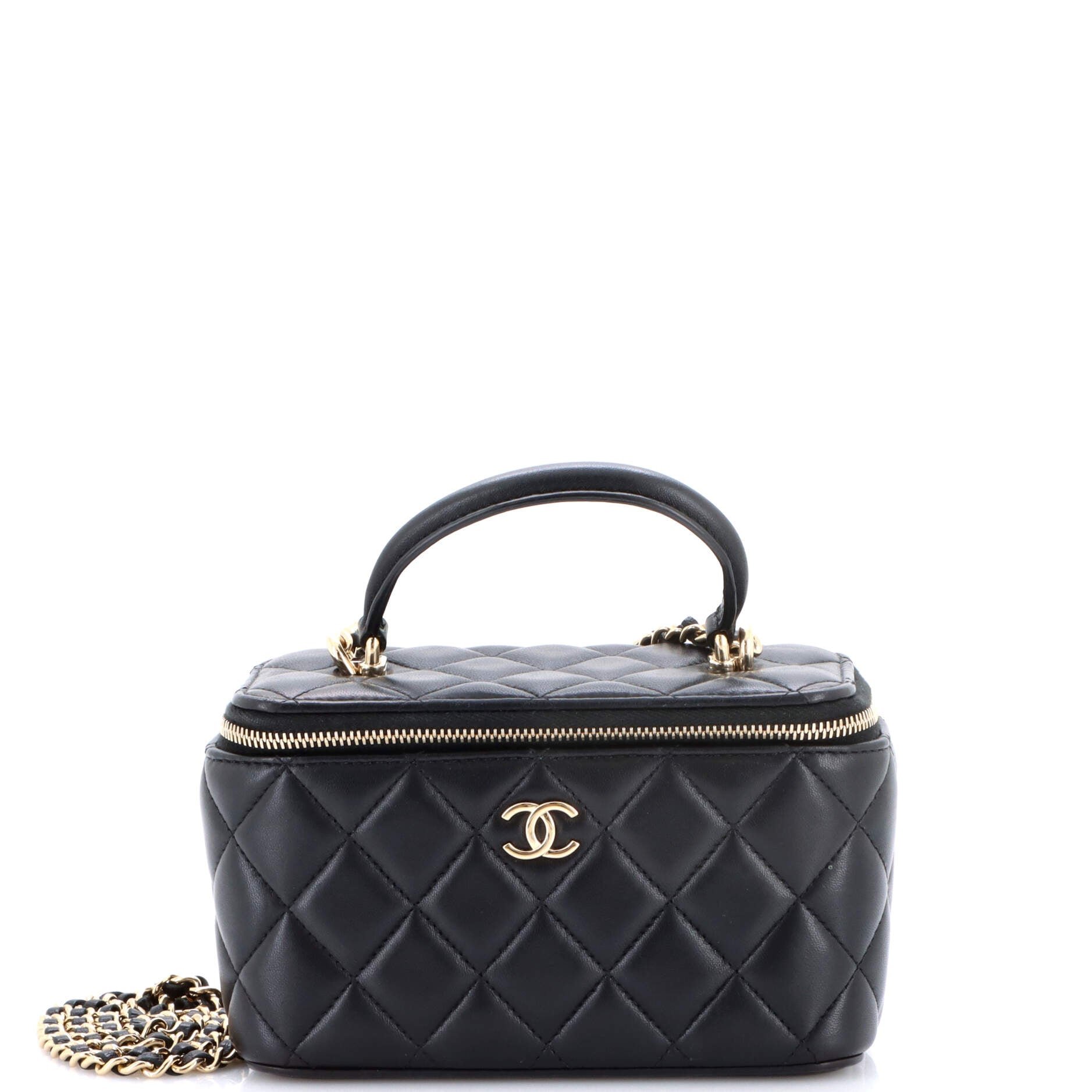Classic Top Handle Vanity Case with Chain Quilted Lambskin Small
