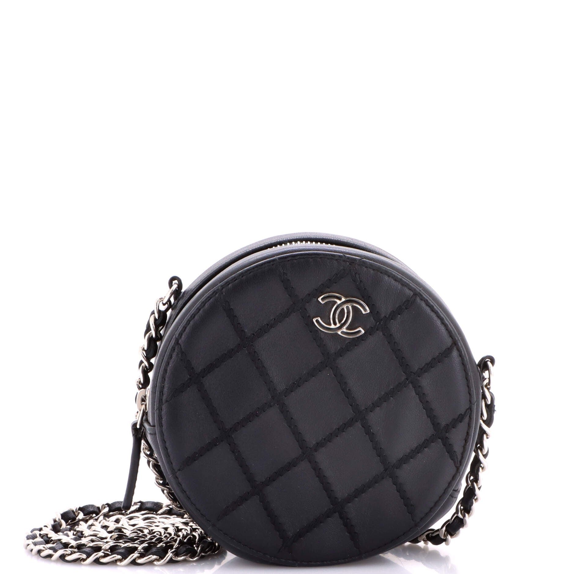 Round Clutch with Chain Stitched Lambskin Mini