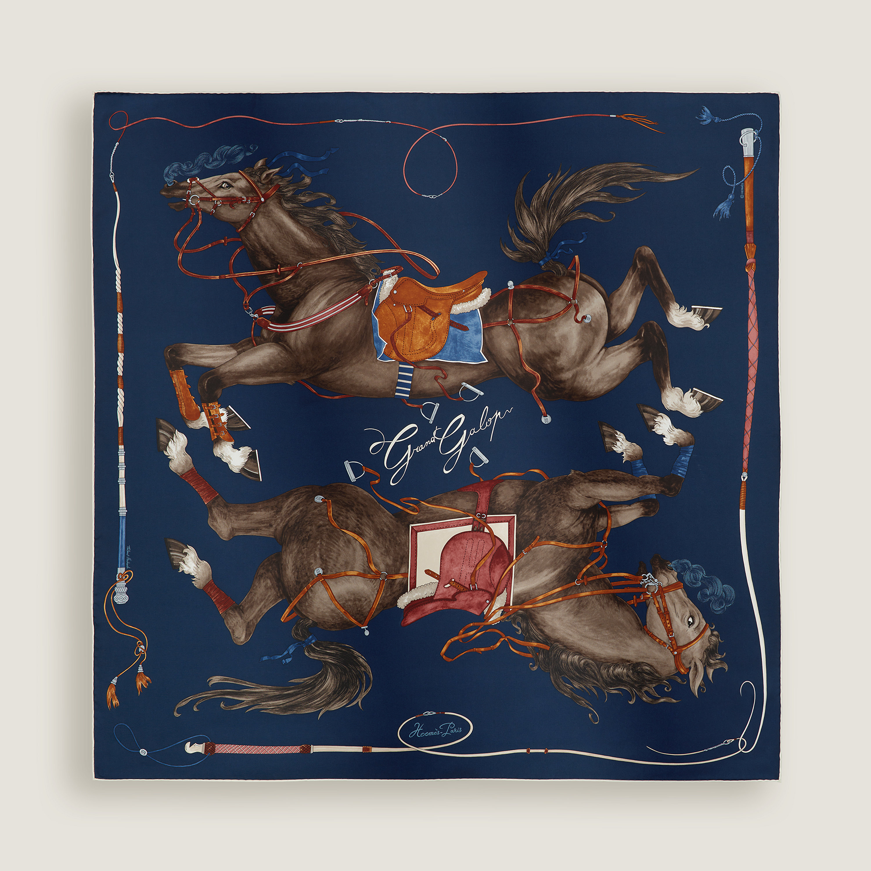 Hermès Grand Galop scarf 90 Bleu Marine/Cuir/Caramel | BagUSeek