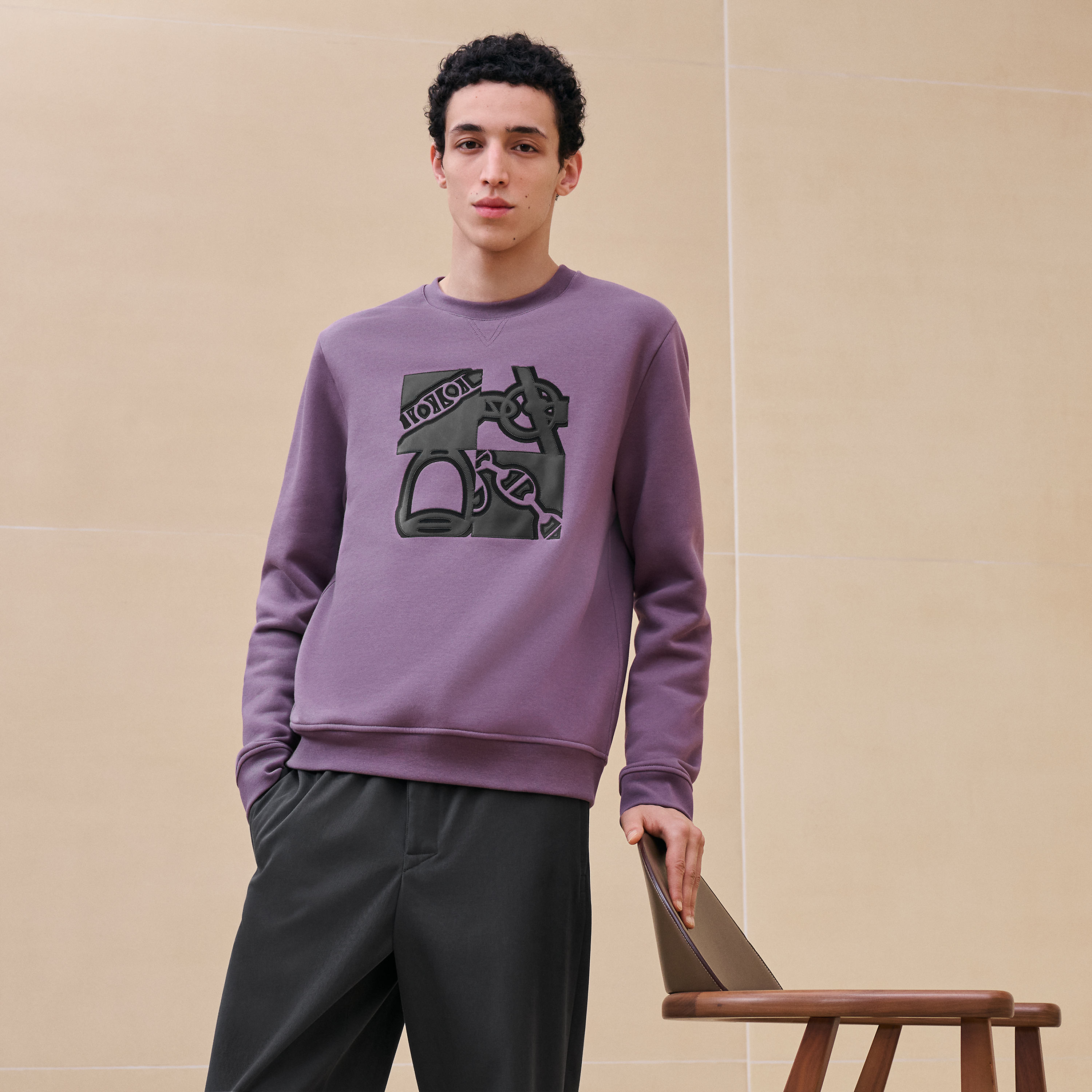 "Metallerie au Carre" crewneck sweater with leather detail