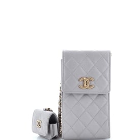 Chanel Textured CC Flap Phone Holder Crossbody Bag with AirPods Pro Case Quilted Caviar