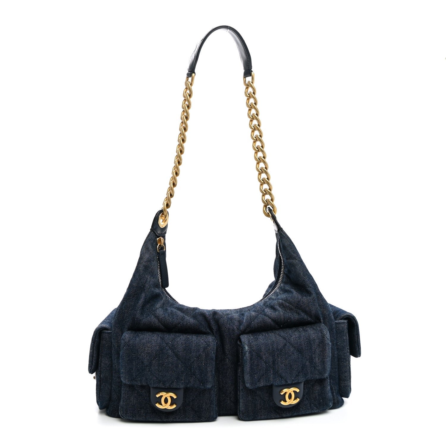 Chanel Washed Denim Quilted Maxi Trendy Pockets Hobo Dark Blue