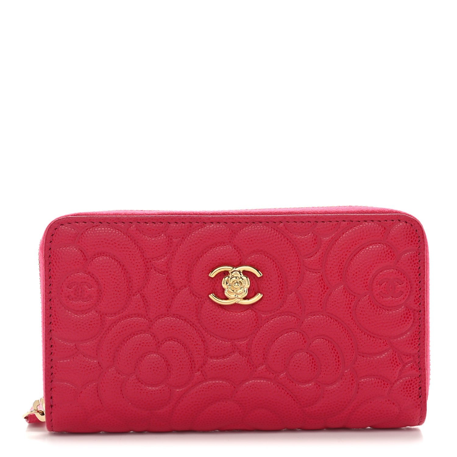 Chanel Caviar Camellia Embossed Large Zip Around Gusset Wallet Pink