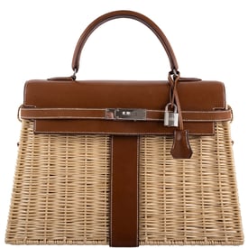 Hermes Hermès Kelly 35 Picnic, Wicker & Barenia leather Palladium Hardware