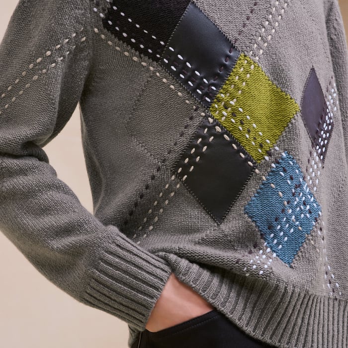 Tourbe Cashmere "Argyle Brode Cuir" Crewneck Sweater