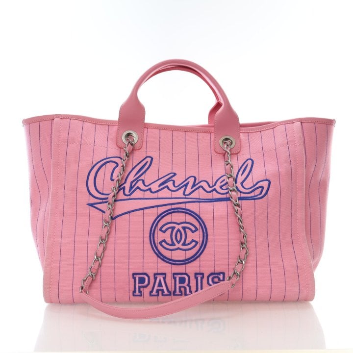 Chanel Large Pinstriped Canvas Deauville Tote