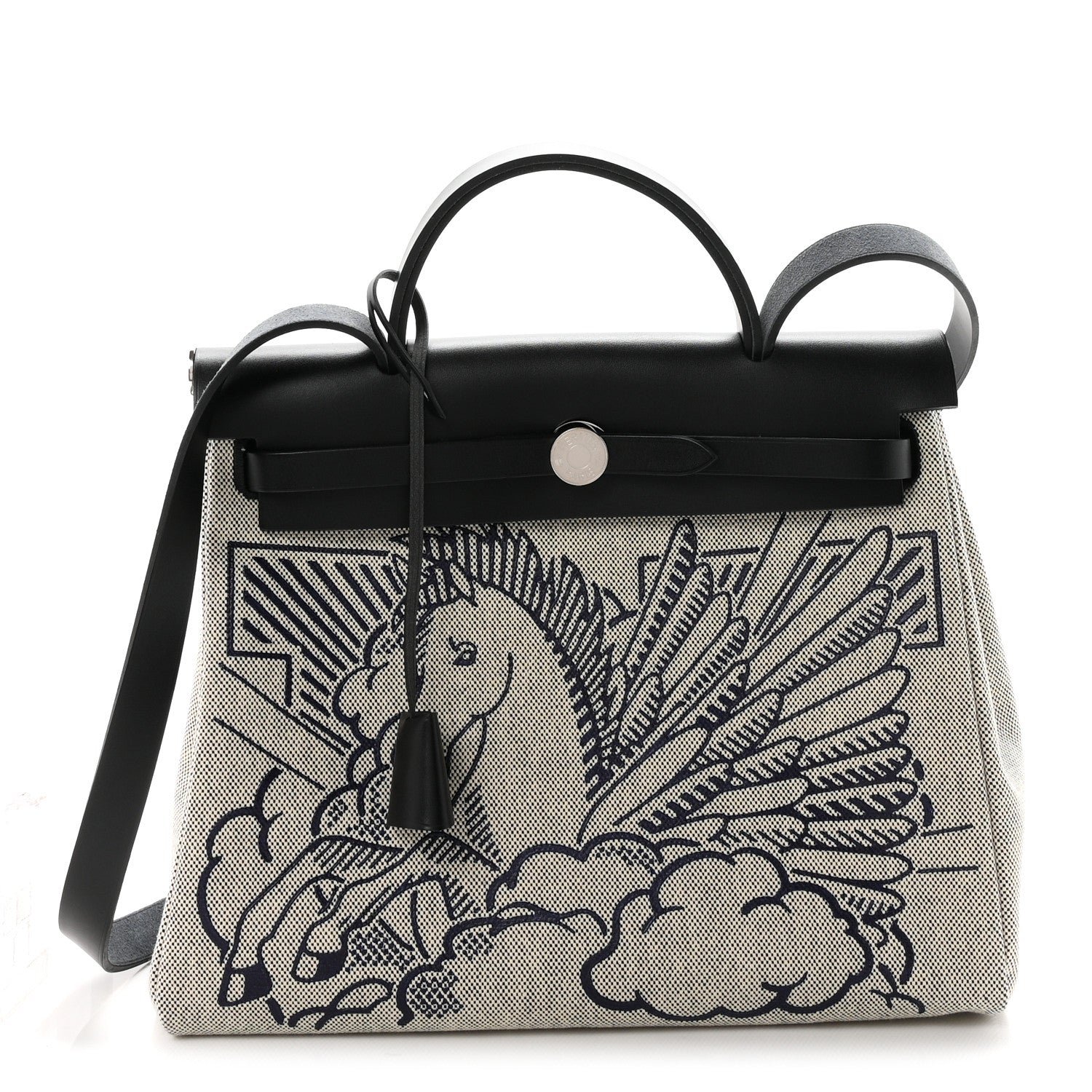 Hermes Vache Hunter Toile H Pegase Pop Herbag Zip Retourne 31 PM Bleu Indigo Ecru Black